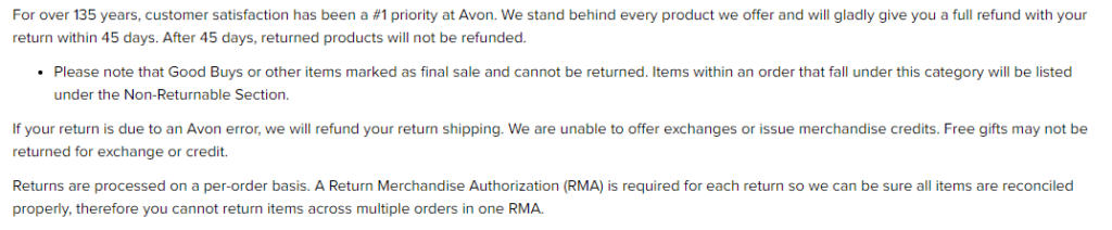 Avon rep return policy